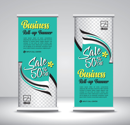 Green Roll up banner template vector, banner, stand, exhibition design, advertisement, pull up, x-banner and flag-banner layout, wave backgroundのイラスト素材
