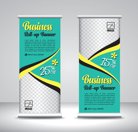 Green Roll up banner template vector, banner, stand, exhibition design, advertisement, pull up, x-banner and flag-banner layout, wave backgroundのイラスト素材