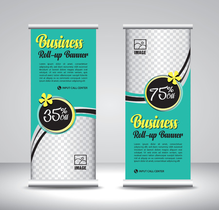 Green Roll up banner template vector, banner, stand, exhibition design, advertisement, pull up, x-banner and flag-banner layout, wave backgroundのイラスト素材