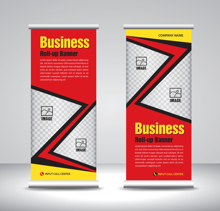 Red Roll up banner template vector, banner, stand, exhibition design, advertisement, pull up, x-banner and flag-banner layout, polygon backgroundのイラスト素材