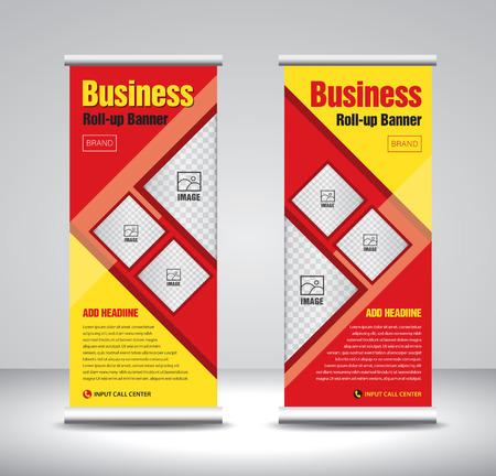 Red Roll up banner template vector, banner, stand, exhibition design, advertisement, pull up, x-banner and flag-banner layout, polygon backgroundのイラスト素材