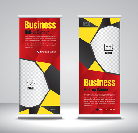 Red Roll up banner template vector, banner, stand, exhibition design, advertisement, pull up, x-banner and flag-banner layout, polygon backgroundのイラスト素材