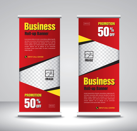 Red Roll up banner template vector, banner, stand, exhibition design, advertisement, pull up, x-banner and flag-banner layout, polygon backgroundのイラスト素材