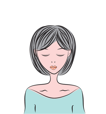 women face vector, beautiful young girl model, cartoon, sketch drawing, for cosmetics, spa, beauty, fashion, cream, salon, make upのイラスト素材