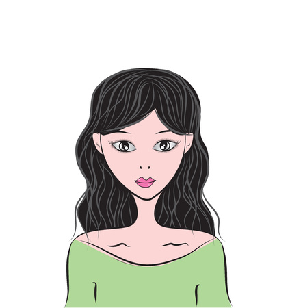 women face vector, beautiful young girl model, cartoon, sketch drawing, for cosmetics, spa, beauty, fashion, cream, salon, make upのイラスト素材