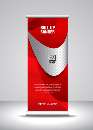 Red Roll up banner template vector, banner, stand, exhibition design, advertisement, pull up, x-banner and flag-banner layoutのイラスト素材