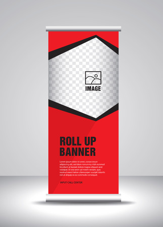 Red Roll up banner template vector, banner, stand, exhibition design, advertisement, pull up, x-banner and flag-banner layoutのイラスト素材
