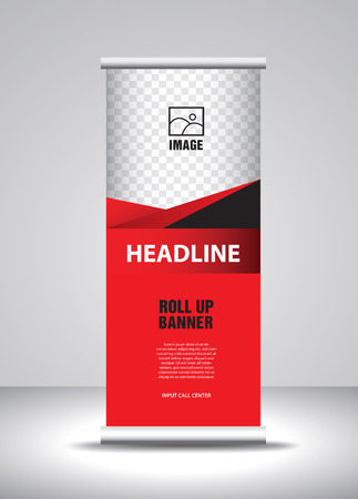 Red Roll up banner template vector, banner, stand, exhibition design, advertisement, pull up, x-banner and flag-banner layoutのイラスト素材