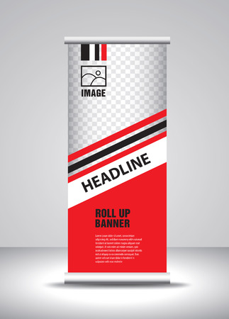 Red Roll up banner template vector, banner, stand, exhibition design, advertisement, pull up, x-banner and flag-banner layoutのイラスト素材