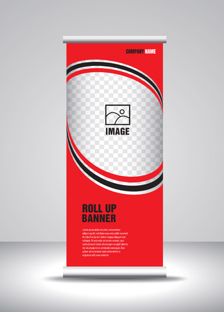 Red Roll up banner template vector, banner, stand, exhibition design, advertisement, pull up, x-banner and flag-banner layoutのイラスト素材