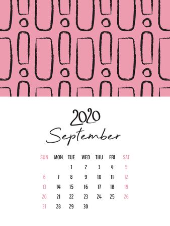 Desk Calendar 2020 template vector, September 2020 design, Planner vector diary in a memphis style, Week start on Sunday, vertical layoutのイラスト素材