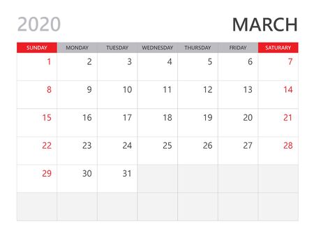 Calendar 2020 template, MARCH 2020 year, corporate design planner template. red backgroundのイラスト素材