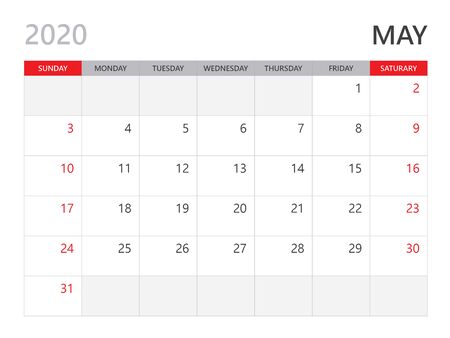 Calendar 2020 template, MAY 2020 year, corporate design planner template. red backgroundのイラスト素材