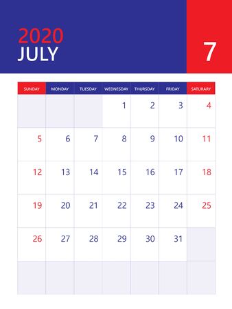 Calendar 2020 template, Desk calendar, wall calendar 2020, JULY month, poster, planner template. red and blue background, simple vertical artworkのイラスト素材