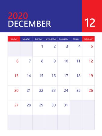 Calendar 2020 template, Desk calendar, wall calendar 2020, DECEMBER month, poster, planner template. red and blue background, simple vertical artworkのイラスト素材