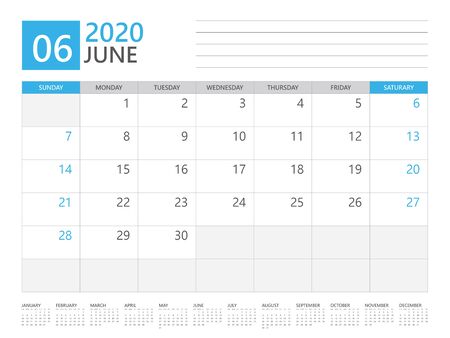 JUNE 2020 calendar planner set for template corporate design week start on Sunday. desk calendar 2020 design, simple and clean design, 12 months yearly calendar set vector layoutのイラスト素材