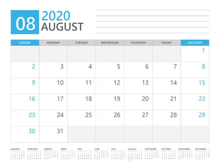 AUGUST 2020 calendar planner set for template corporate design week start on Sunday. desk calendar 2020 design, simple and clean design, 12 months yearly calendar set vector layoutのイラスト素材