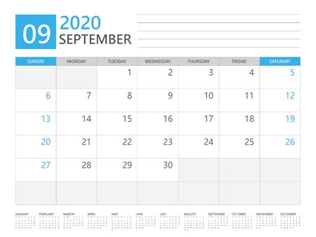 SEPTEMBER 2020 calendar planner set for template corporate design week start on Sunday. desk calendar 2020 design, simple and clean design, 12 months yearly calendar set vector layoutのイラスト素材