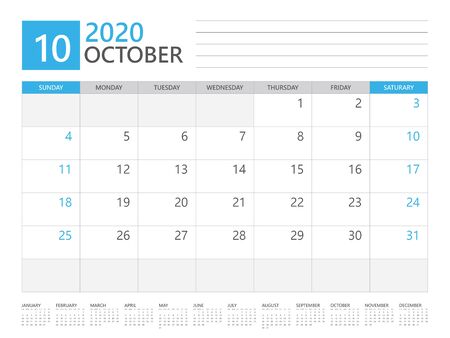 OCTOBER 2020 calendar planner set for template corporate design week start on Sunday. desk calendar 2020 design, simple and clean design, 12 months yearly calendar set vector layoutのイラスト素材