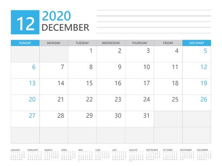 DECEMBER  2020 calendar planner set for template corporate design week start on Sunday. desk calendar 2020 design, simple and clean design, 12 months yearly calendar set vector layoutのイラスト素材