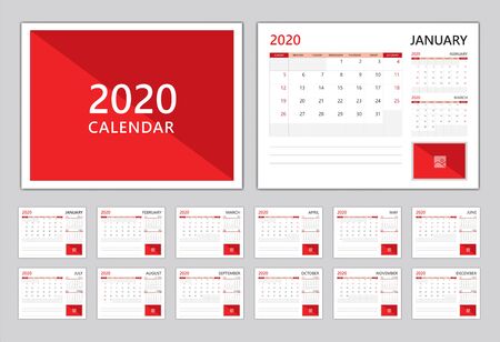 Set Desk calendar 2020 template, Calendar 2020, Can use Place for Photo, Red cover modern design, Set of 12 Months, vector illustrationのイラスト素材