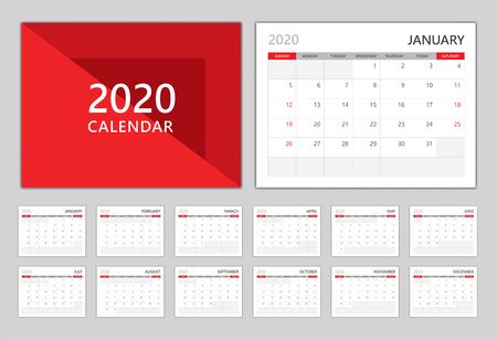 Set Desk calendar 2020 template, Calendar 2020, Can use Place for Photo, Red cover modern design, Set of 12 Months, vector illustrationのイラスト素材