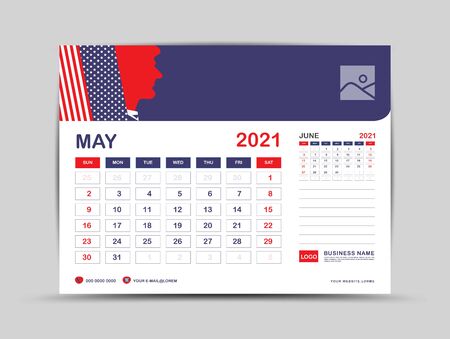 Desk calendar 2021 template, May Page vector for calendar 2021 template, Week starts on Monday, Can be use Place for Photo and Company Logo. Usa flag background concept.のイラスト素材