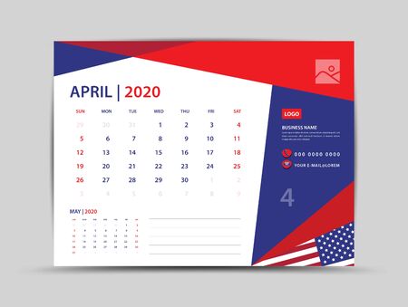 Desk calendar 2020 template, April Page vector for calendar 2020 template, Week starts on Monday, Can be use Place for Photo and Company Logo. American flag background concept.のイラスト素材