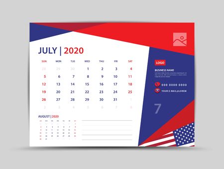 Desk calendar 2020 template, July Page vector for calendar 2020 template, Week starts on Monday, Can be use Place for Photo and Company Logo. American flag background concept.のイラスト素材