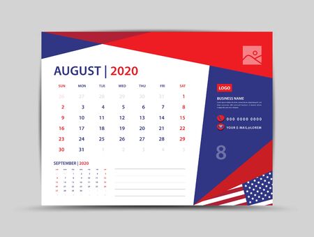 Desk calendar 2020 template, August Page vector for calendar 2020 template, Week starts on Monday, Can be use Place for Photo and Company Logo. American flag background concept.のイラスト素材