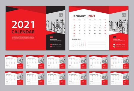 Calendar 2021 Template red creative concept, Set Desk Calendar design, Set of 12 calendar pages  with Cover design vector, wall Calendar with Typographic, Week starts on Monday, Can be use Place Photo and Company Logo.のイラスト素材