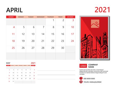 Calendar 2021 design, April month template, desk calendar 2021 layout, simple and clean design, advertisement, printing, Business template vector, Red backgroundのイラスト素材