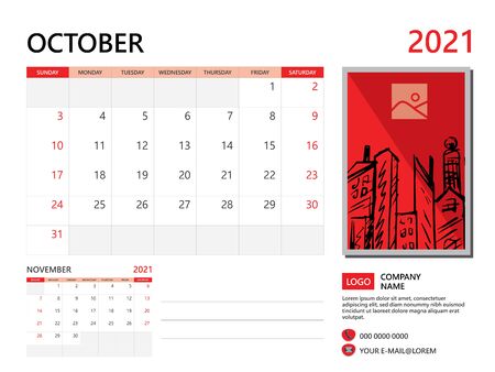 Calendar 2021 design, October month template, desk calendar 2021 layout, simple and clean design, advertisement, printing, Business template vector, Red backgroundのイラスト素材