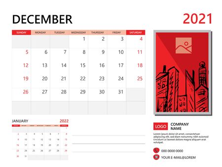Calendar 2021 design, December month template, desk calendar 2021 layout, simple and clean design, advertisement, printing, Business template vector, Red backgroundのイラスト素材