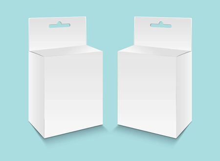 White paper packaging box with hanging hole vector, package design, 3d box, product design, realistic packaging for cosmetic, medical, food, paper boxes.のイラスト素材