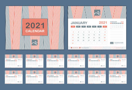 Calendar 2021 template vector, Set Desk calendar 2021, Planner vector diary in a Modern style, Week start on Sunday, Set of 12 Months, Blue cover design.のイラスト素材
