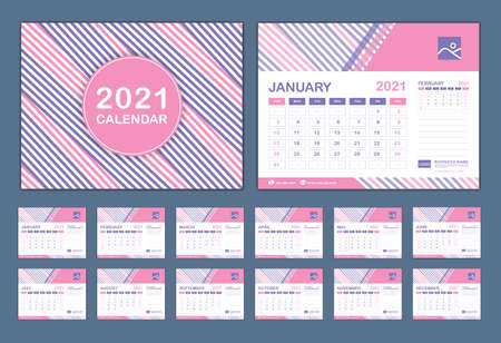 Calendar 2021 template vector, Set Desk calendar 2021, Planner vector diary in a Modern style, Week start on Sunday, Set of 12 Months, Blue cover design.のイラスト素材