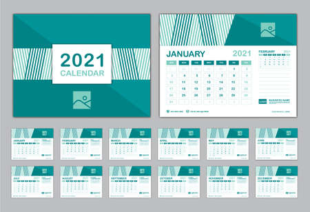 Calendar 2021 template vector, Set Desk calendar 2021, Planner vector diary in a Modern style, Week start on Sunday, Set of 12 Months, Blue cover design.のイラスト素材