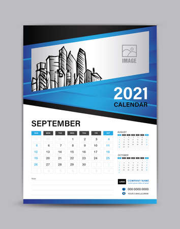 Wall calendar template for 2021 year. October month layout. Desk calendar 2021 template with illustration of buildings, Planner, Can place pictures and other images instead. Blue abstract backgroundのイラスト素材