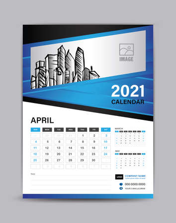 Wall calendar template for 2021 year. October month layout. Desk calendar 2021 template with illustration of buildings, Planner, Can place pictures and other images instead. Blue abstract backgroundのイラスト素材
