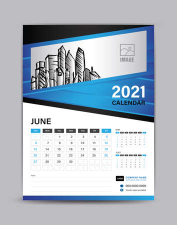 Wall calendar template for 2021 year. October month layout. Desk calendar 2021 template with illustration of buildings, Planner, Can place pictures and other images instead. Blue abstract backgroundのイラスト素材