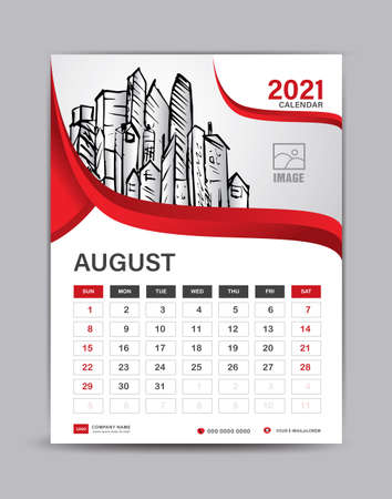 Desk calendar 2021 template with city vector illustration, Wall calendar Planner, Can place pictures and other images instead. red abstract backgroundのイラスト素材