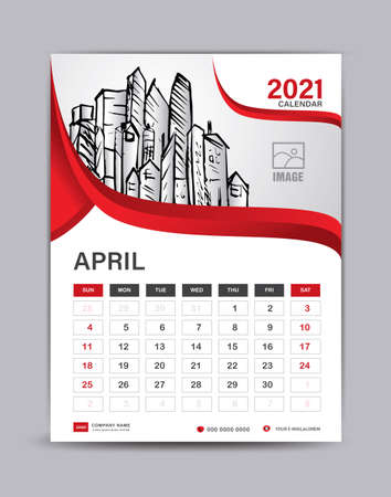 Desk calendar 2021 template with city vector illustration, Wall calendar Planner, Can place pictures and other images instead. red abstract backgroundのイラスト素材