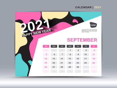 Calendar 2021 template, September Page design, Desk calendar vector for calendar 2021 template, Week starts on Monday, Fluid colorful background, Trendy minimal, creative designのイラスト素材