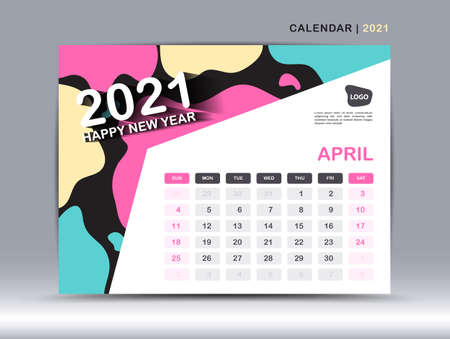 Calendar 2021 template,April Page design, Desk calendar vector for calendar 2021 template, Week starts on Monday, Fluid colorful background, Trendy minimal, creative designのイラスト素材