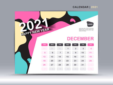 Calendar 2021 template, December Page design, Desk calendar vector for calendar 2021 template, Week starts on Monday, Fluid colorful background, Trendy minimal, creative designのイラスト素材