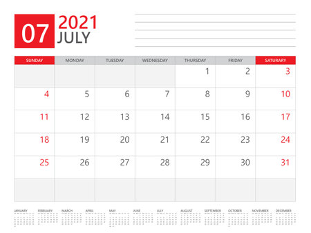 July 2021 calendar planner set for template corporate design week start on Sunday. desk calendar 2021 design, simple and clean design, 12 months yearly calendar set vector layoutのイラスト素材