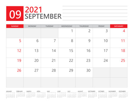 September 2021 calendar planner set for template corporate design week start on Sunday. desk calendar 2021 design, simple and clean design, 12 months yearly calendar set vector layoutのイラスト素材