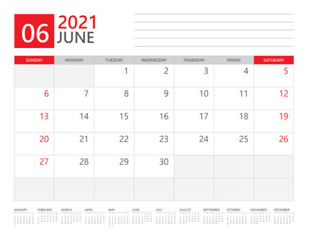 June 2021 calendar planner set for template corporate design week start on Sunday. desk calendar 2021 design, simple and clean design, 12 months yearly calendar set vector layoutのイラスト素材