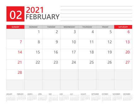 February 2021 calendar planner set for template corporate design week start on Sunday. desk calendar 2021 design, simple and clean design, 12 months yearly calendar set vector layoutのイラスト素材